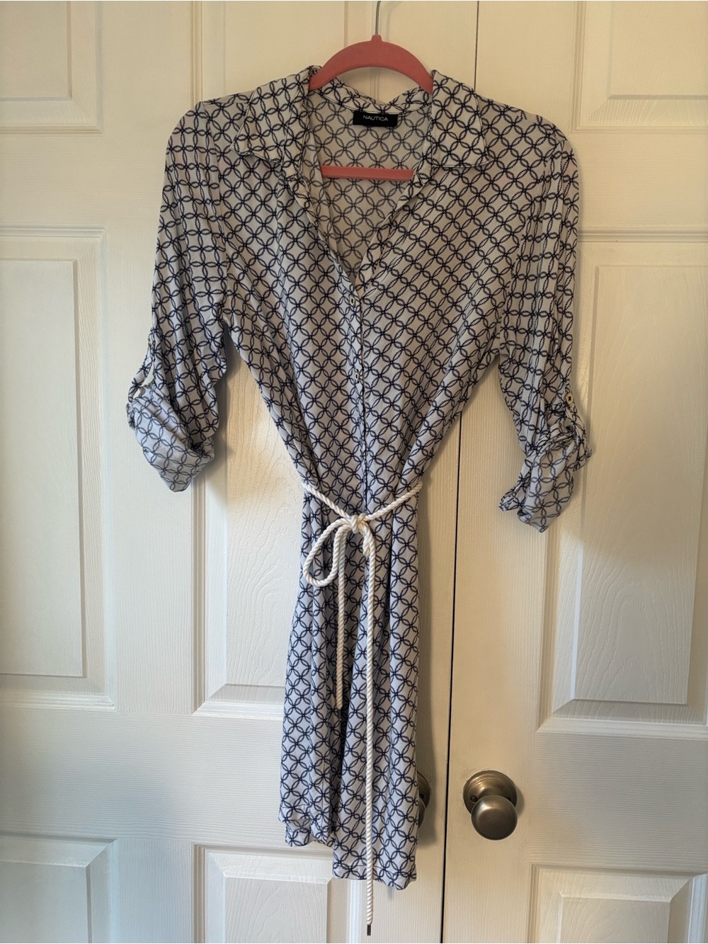 Nautica Navy & White Geometric Print Tie Waist Midi Shirt Dress | Size S - Picture 8 of 8